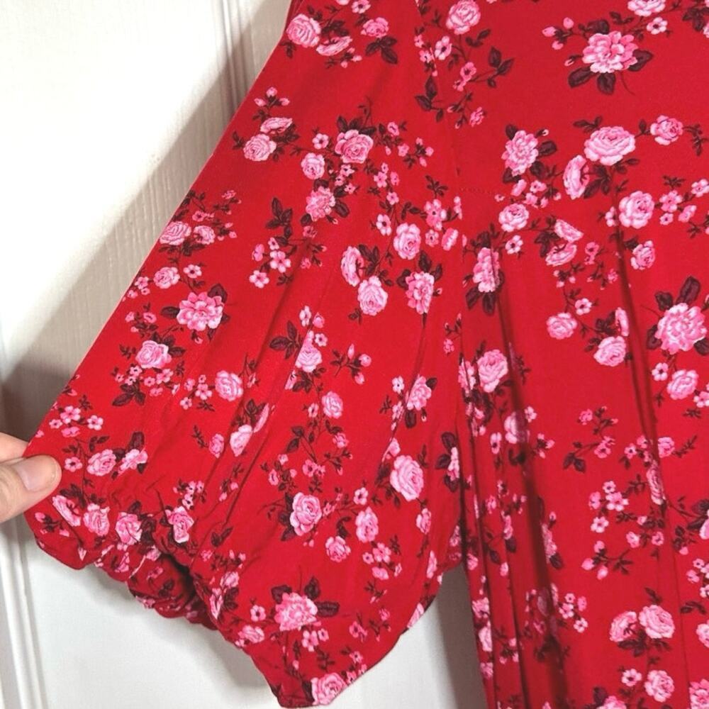 Old Navy Womans Sz XXL Midi Dress Puff Sleeve Floral Red Back Cut Out Smocked - Picture 7 of 9